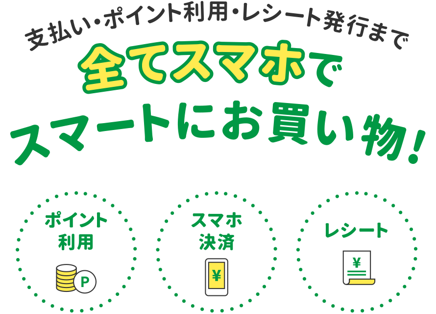 支払い・ポイント利用・レシート発行まで全てスマホでスマートにお買い物!
・ポイント利用
・スマホ決済
・レシート