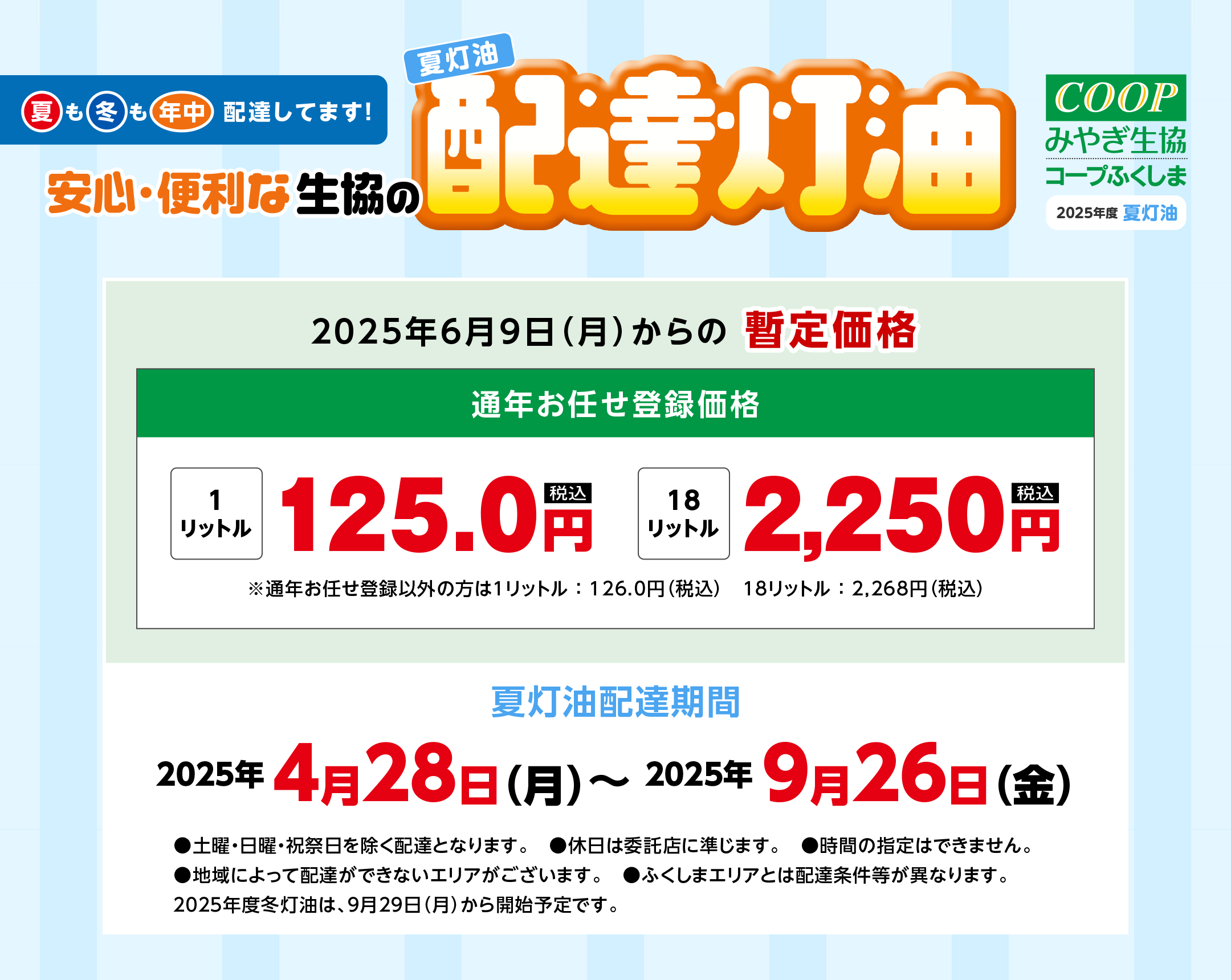 夏も冬も年中、配達してます！
〈夏灯油配達期間〉
2025年4月28日(月)〜2025年9月26日(金)
●土曜・日曜・祝祭日を除く配達となります。
●休日は委託店に準じます。
●時間の指定はできません。
●地域によって配達ができないエリアがございます。
●ふくしまエリアとは配達条件等が異なります。
２０２5年度冬灯油は、９月29日（月）から開始予定です。