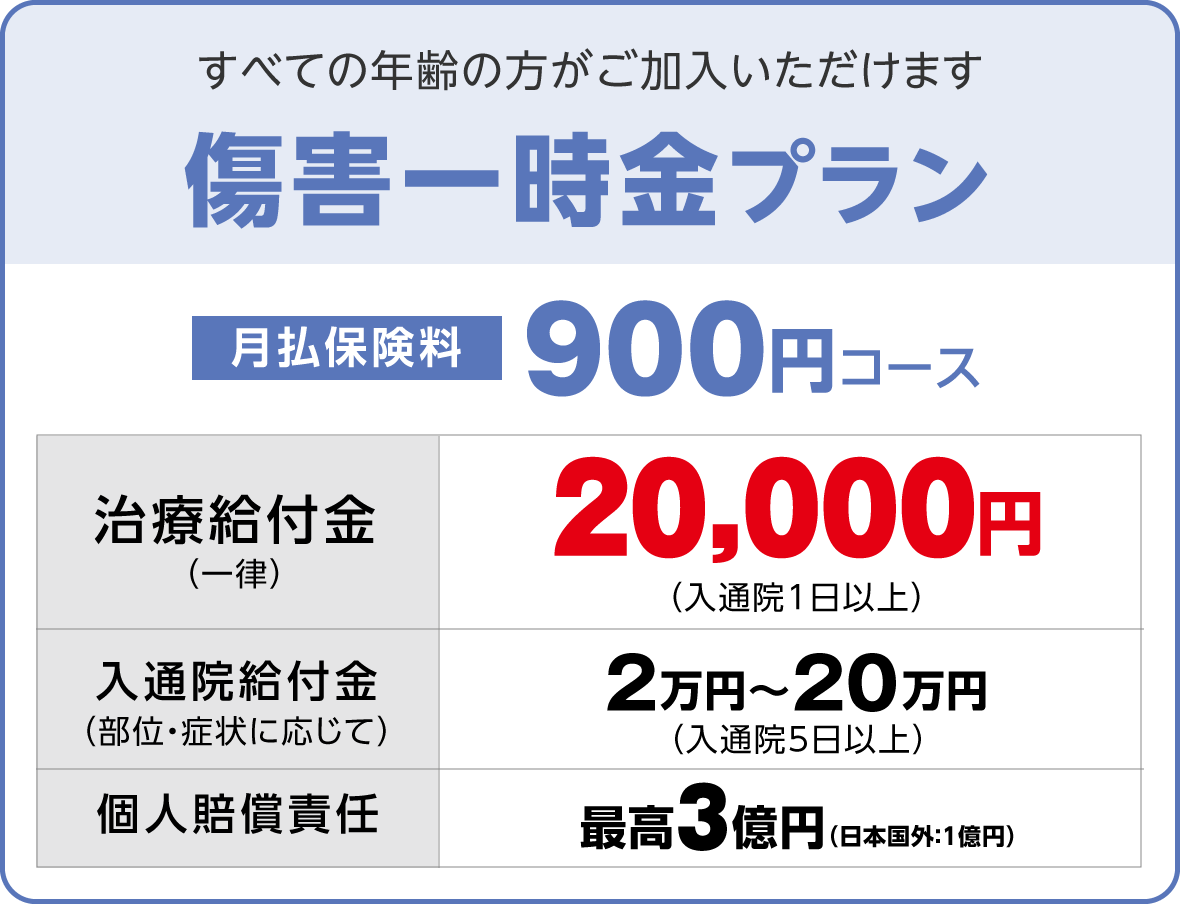 すべての年齢の方がご加入いただけます
「傷害一時金プラン」