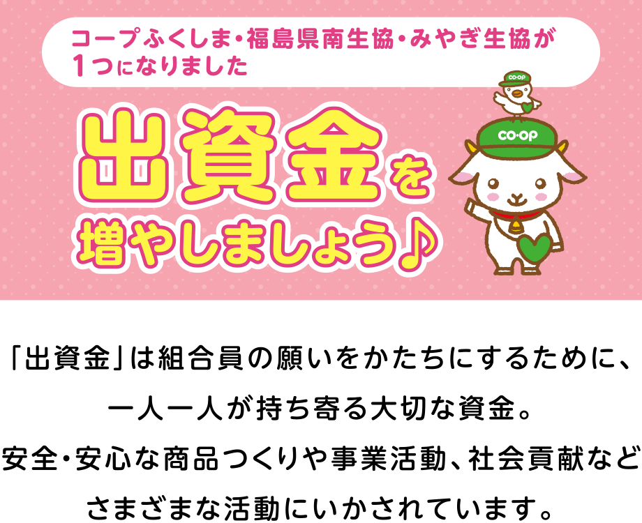 コープふくしま・福島県南生協・みやぎ生協が1つになりました
出資金を増やしましょう
「出資金」は組合員の願いをかたちにするために、一人一人が持ち寄る大切な資金。
安全・安心な商品つくりや事業活動、社会貢献などさまざまな活動にいかされています。